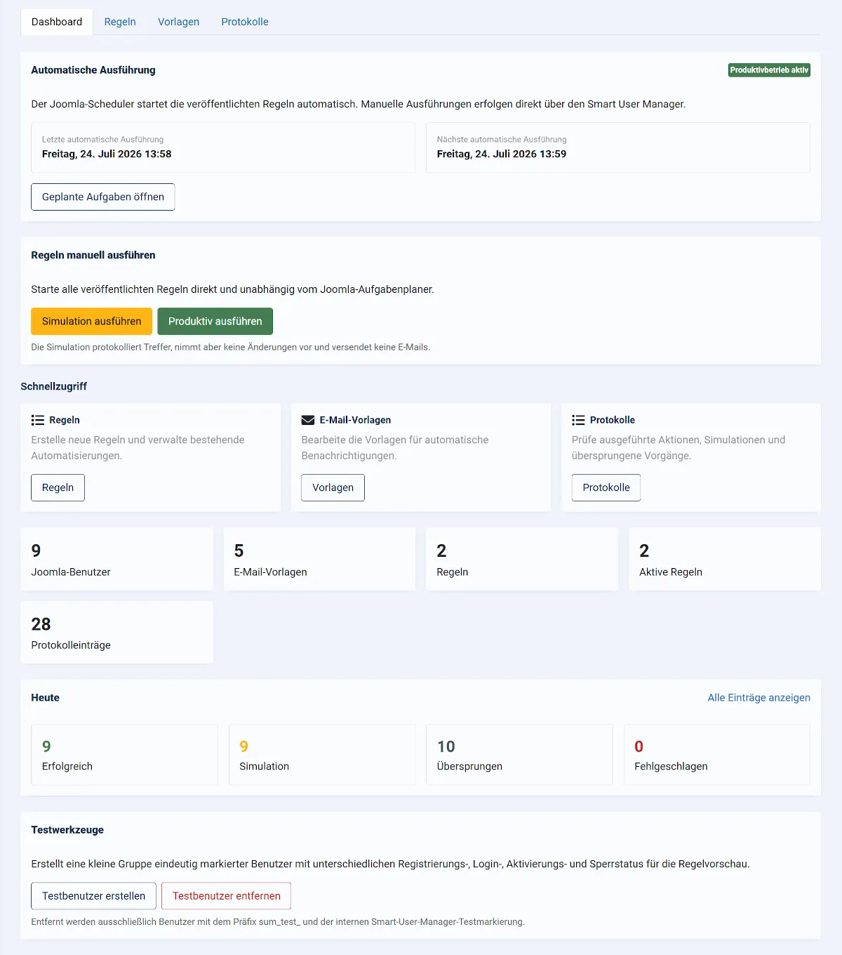 Dashboard des Smart User Manager für Joomla
