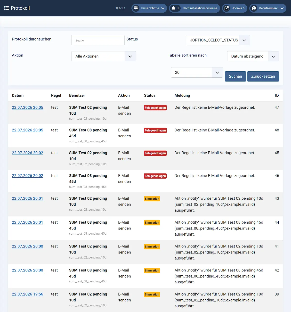 Ausführliches Protokoll im Smart User Manager